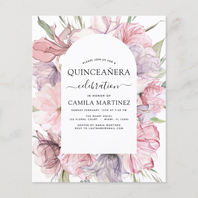 Budget Boho Purple Quinceañera Dusty Pink Floral Flyer (Front)