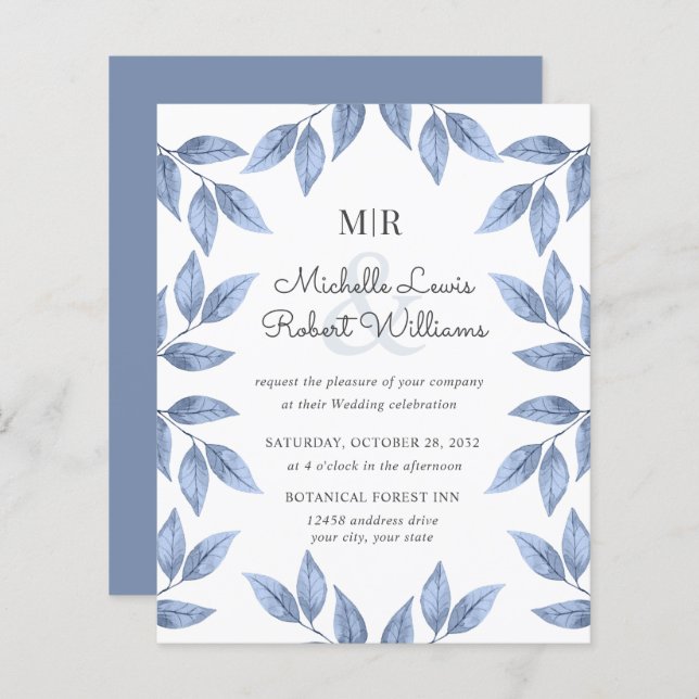 BUDGET Boho Rustic Dusty Blue leaves wedding (Front/Back)