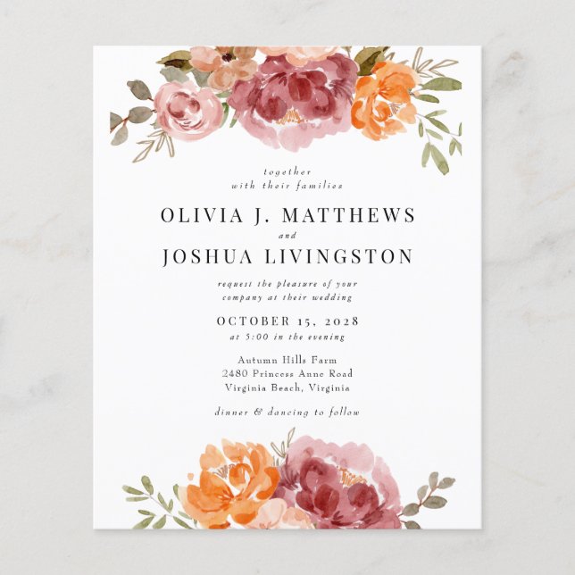 Budget Boho Rustic Floral Wedding Invitation Flyer (Front)