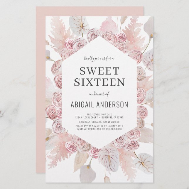 Budget Boho Sweet Sixteen Modern Invitation (Front/Back)