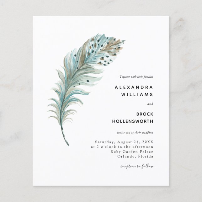 Budget Boho Teal Blue Feather Minimal Wedding (Front)