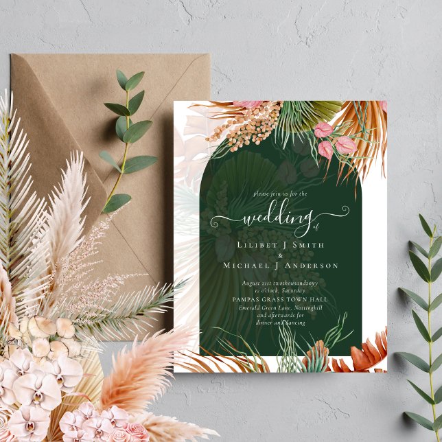 Budget Boho Tropical Pampas Green Wedding Invites Flyer (Creator Uploaded)