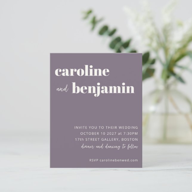 Budget Bold Dusty Purple Modern Wedding Invitation (Standing Front)