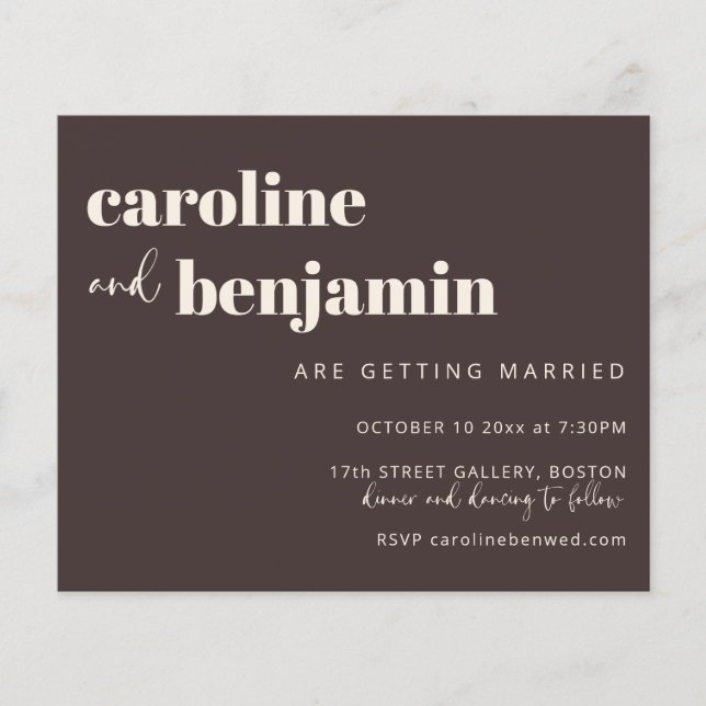 Budget Bold Warm Brown Chic Modern Wedding Invite (Front)