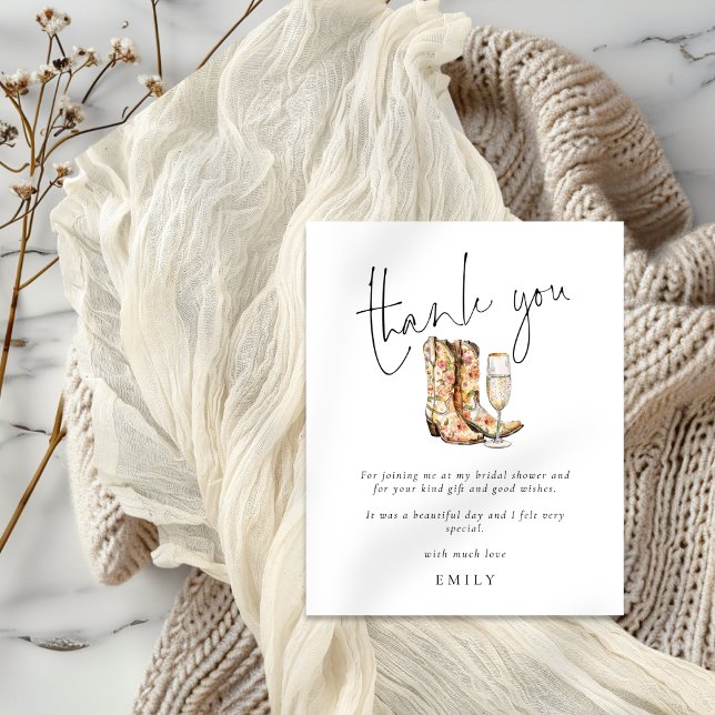 Budget Boots and Bubbly Bridal Shower Thank You (Budget price Smaller size 4.5 x 5.6")