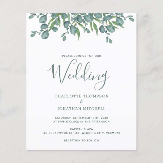 Budget Botanical Eucalyptus Wedding Invitation (Front)