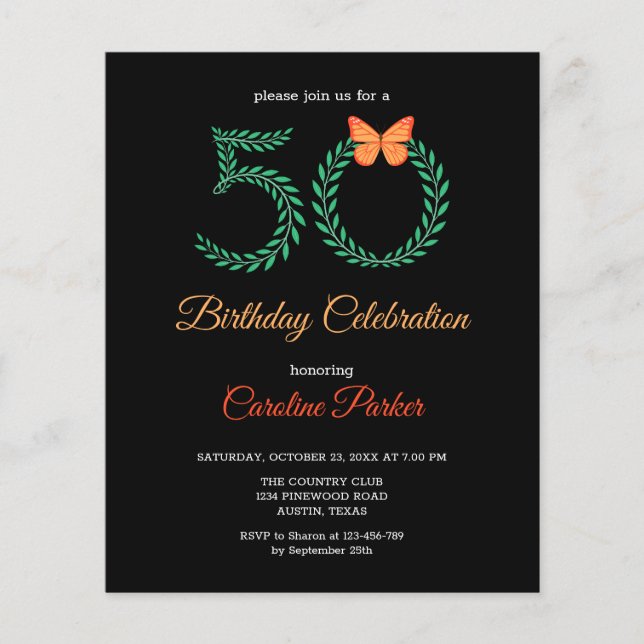 Budget Botanical Greenery 50th Birthday Invitation (Front)