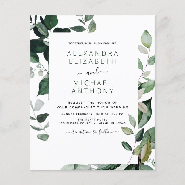 Budget Botanical Greenery Foliage Wedding Flyer (Front)