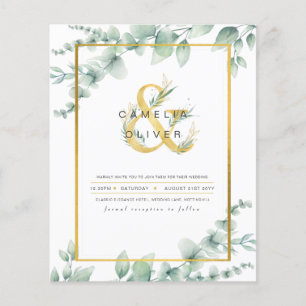 Budget Botanical Greenery Gold Wedding Invitations