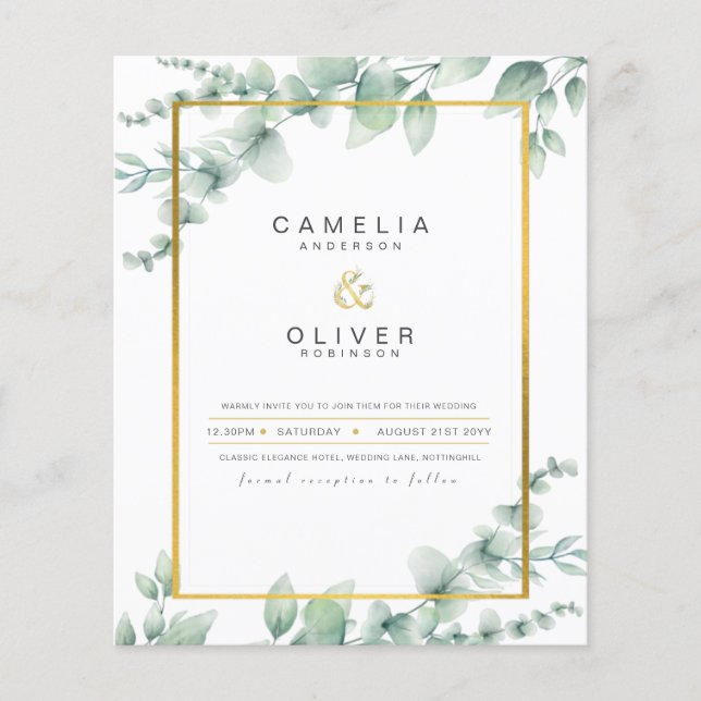 Budget Botanical Greenery Gold Wedding Invitations (Front)