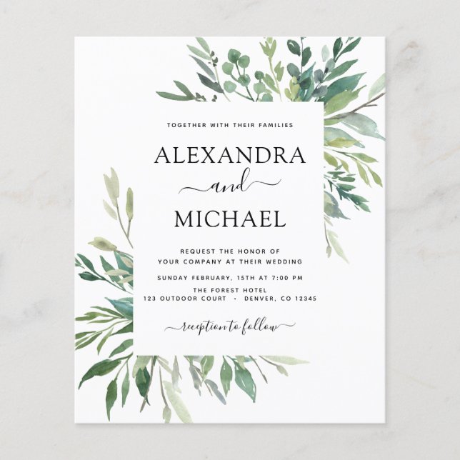 Budget Botanical Greenery Wedding Invitation Flyer (Front)
