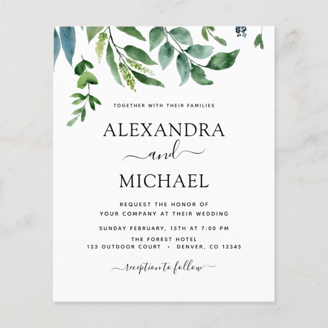 Budget Botanical Greenery Wedding Invitations Flyer (Front)