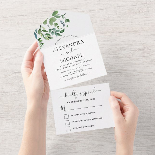 Budget Botanical Greenery Wedding RSVP All In One Invitation (Tearaway)