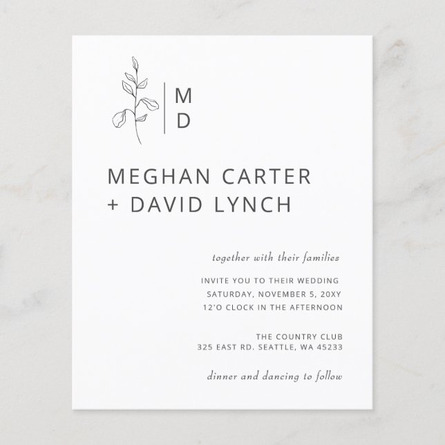 Budget Botanical Monogram Wedding Invitation (Front)