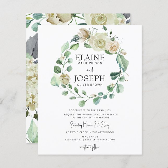 Budget Botanical Neutral Floral Wedding Invitation (Front/Back)