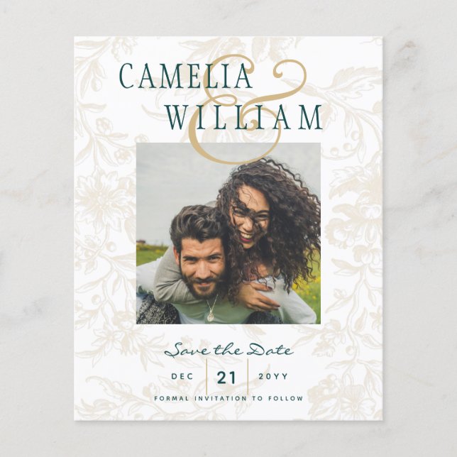 BUDGET BOTANICAL TEAL GOLD Wedding Save the Date Flyer (Front)