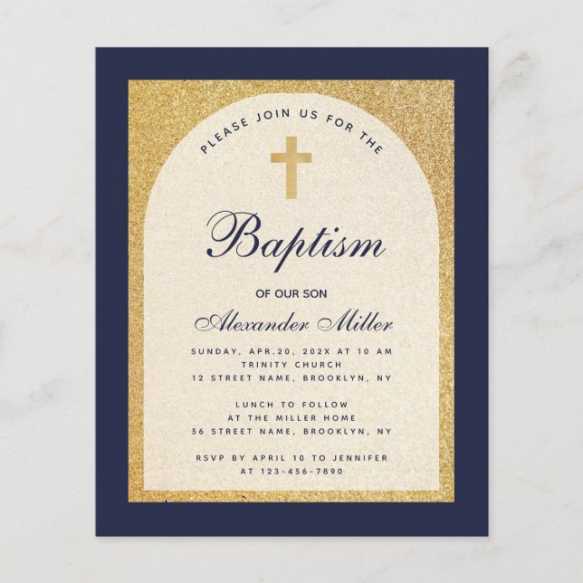 Budget Boy Baptism Navy Blue Gold Invitation (Front)