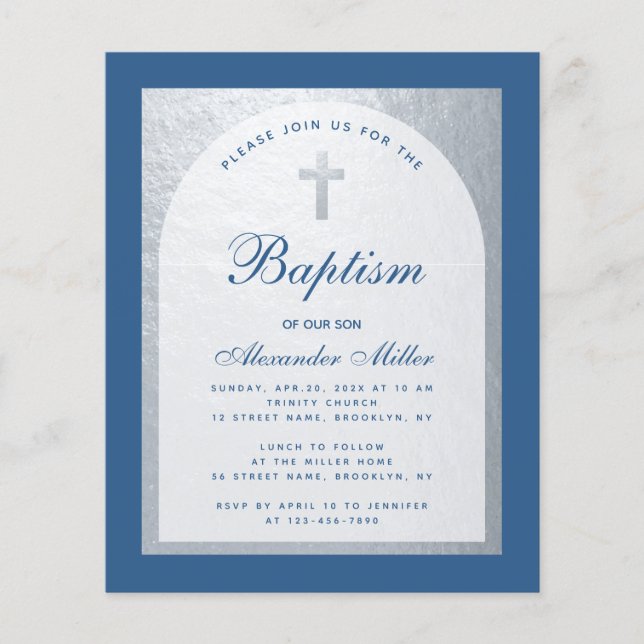 Budget Boy Baptism Silver Classic Blue Invitation (Front)