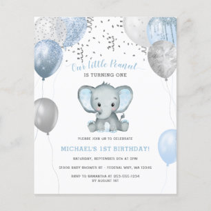 Budget Boy Elephant Balloons 1st Birthday Invite
