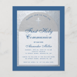 Budget Boy First Communion Blue Silver Invitation