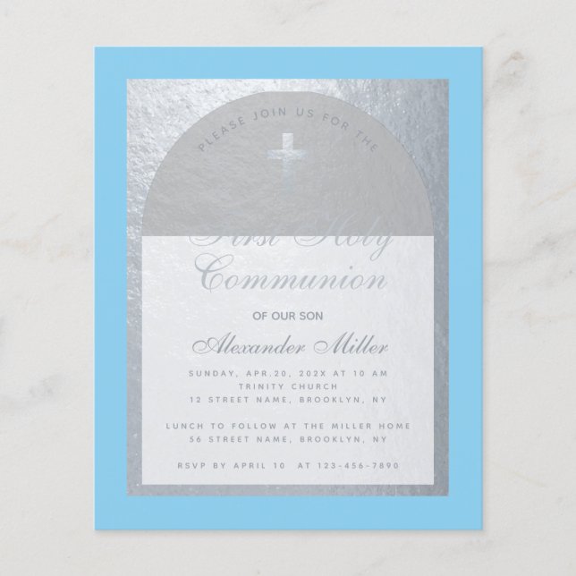 Budget Boy First Communion Silver Grey Blue Invite (Front)