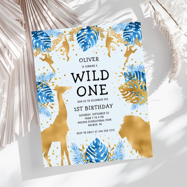 Budget Boys 1st Birthday Blue Gold Safari Invite (Creator Uploaded)