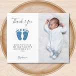 Budget Boy's Baby Shower Photo Thank You Card<br><div class="desc">This budget Boy's Baby Shower Thank You Card is decorated with elegant script typography and cute blue glitter baby's feet.
Easily customisable with your message and photo.</div>