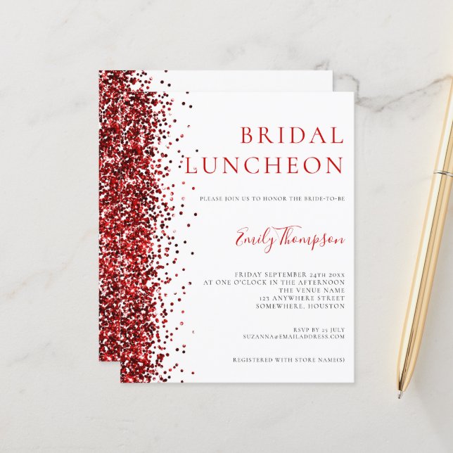 Budget Bridal Luncheon Red Glitter Invitation (Front/Back In Situ)