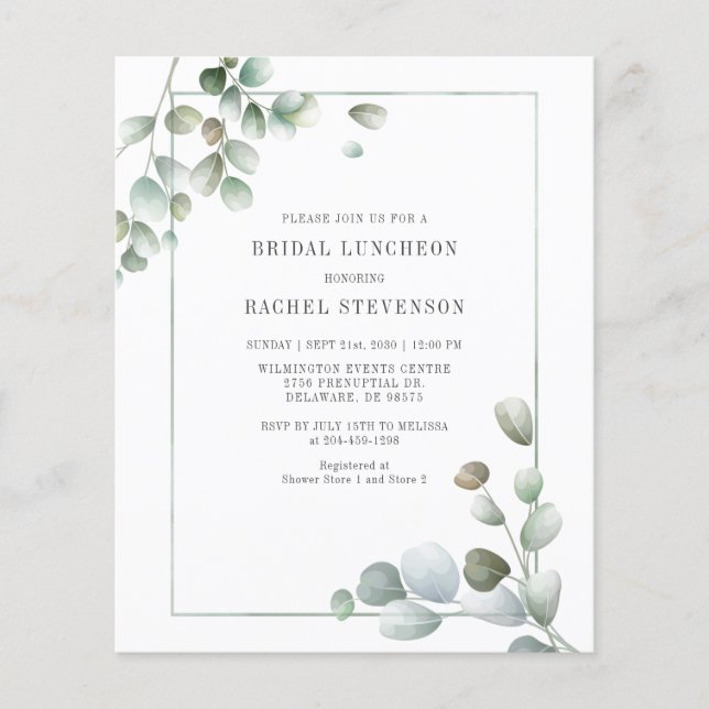 Budget Bridal Luncheon Watercolor Eucalyptus (Front)