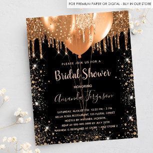 Budget bridal shower black gold glitter invitation