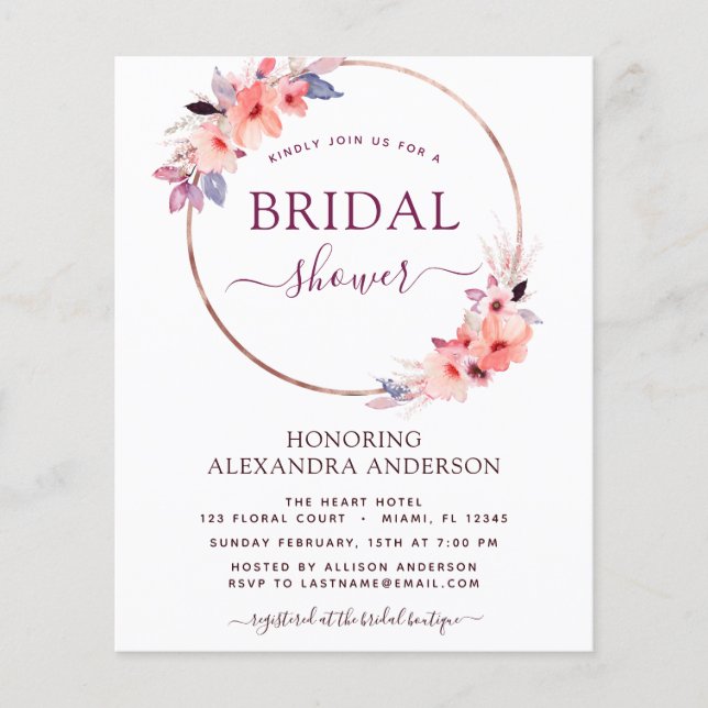 Budget Bridal Shower Burgundy Geometric Invitation Flyer (Front)