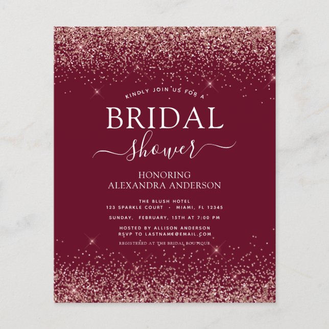 Budget Bridal Shower Burgundy Rose Gold Glitter Flyer (Front)