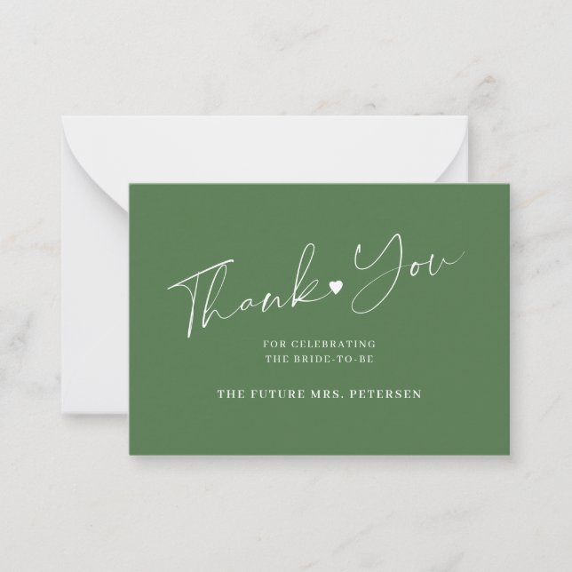 Budget bridal shower chic script green thank you card (Front)