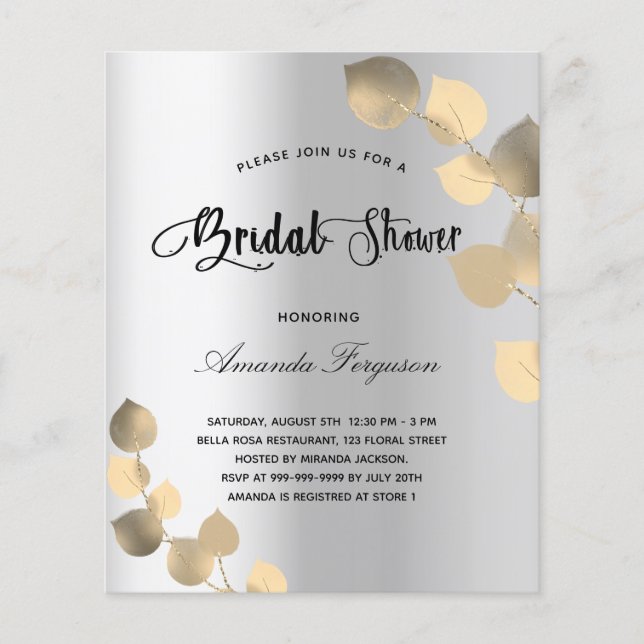 Budget bridal shower eucalyptus silver invitation (Front)