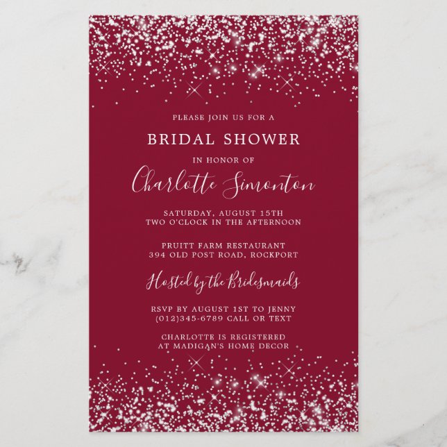 Budget Bridal Shower Glitter Burgundy Invitation (Front)
