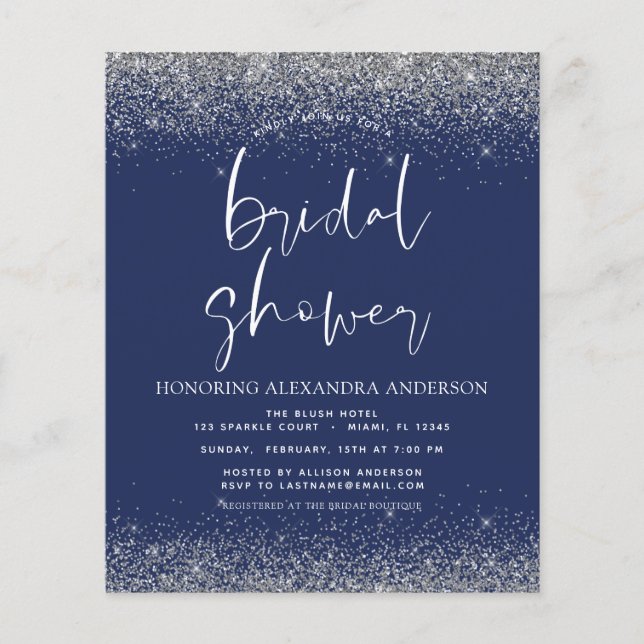 Budget Bridal Shower Glitter Silver Navy Blue  Flyer (Front)