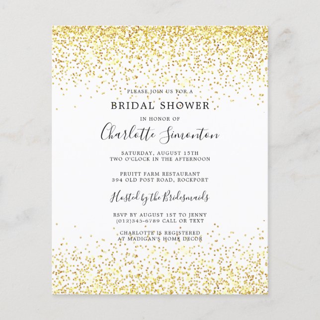 Budget Bridal Shower Gold White Invitation (Front)
