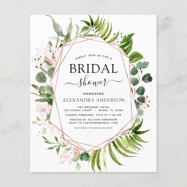 Budget Bridal Shower Greenery Rose Gold Geometric Flyer (Front)