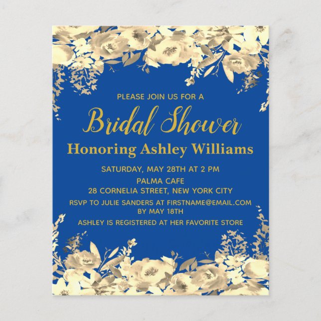 Budget Bridal Shower Invitation Blue Gold Modern (Front)