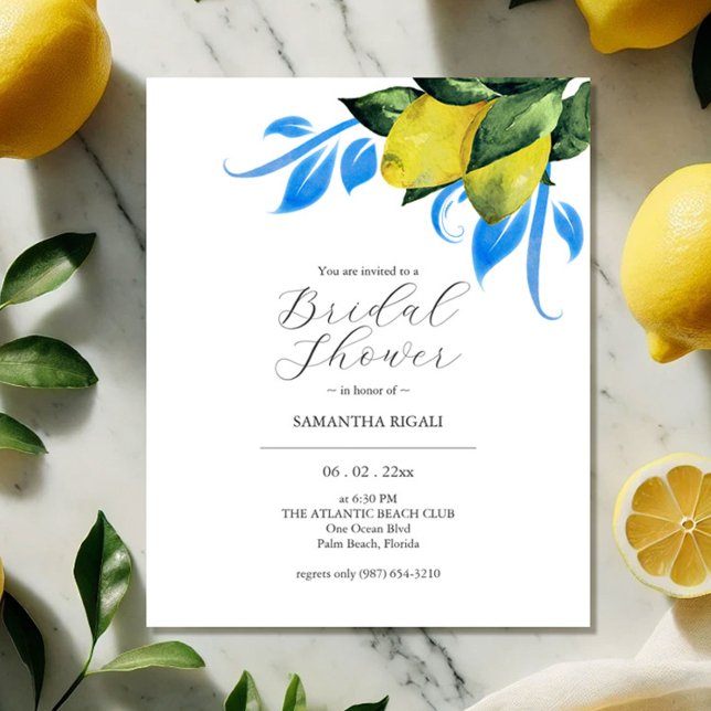 Budget Bridal Shower Invitations Watercolor Lemon Flyer (budget bridal shower invitations watercolor lemons by Victoria Grigaliunas of Do Tell A Belle)