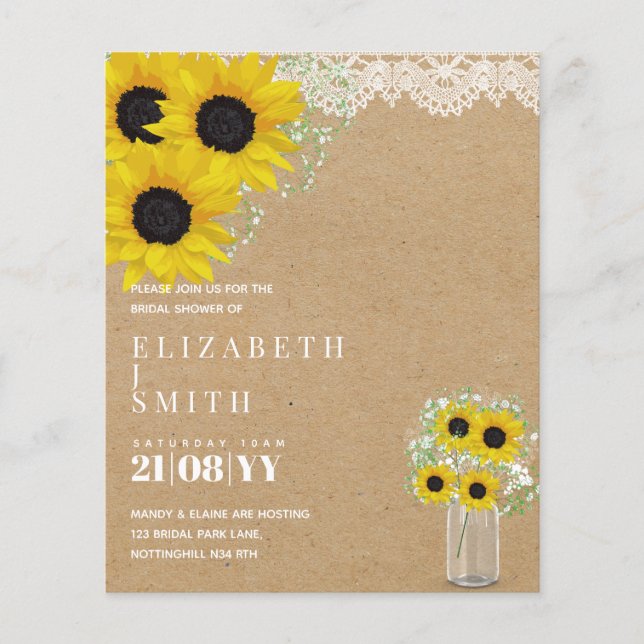 BUDGET Bridal Shower Invite Rustic Sunflowers (Front)