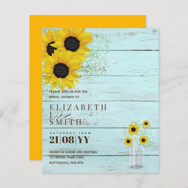 BUDGET Bridal Shower Invite Rustic Sunflowers (Front/Back)