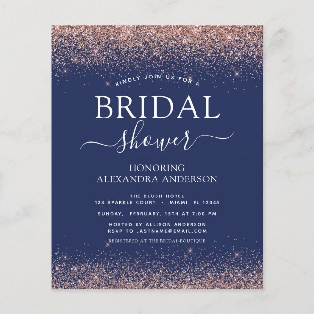 Budget Bridal Shower Navy Blue Rose Gold Glitter Flyer (Front)