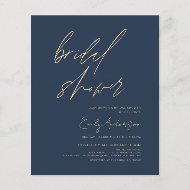 Budget Bridal Shower Navy Blue Script Minimalist Flyer (Front)