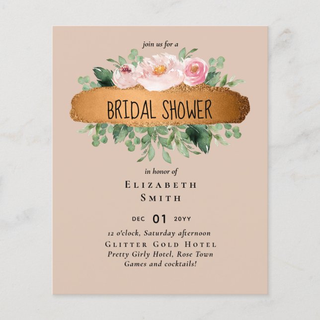 Budget Bridal Shower Peach Floral Gold Modern Flyer (Front)