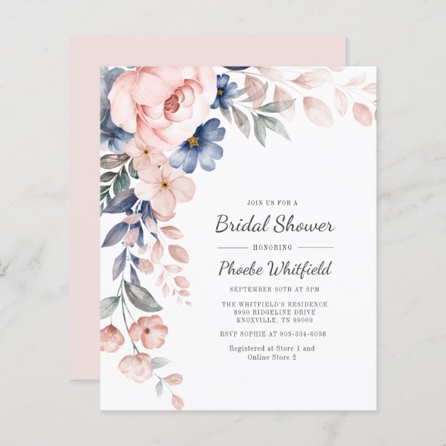Budget Bridal Shower Pink Floral Modern Invitation (Front/Back)