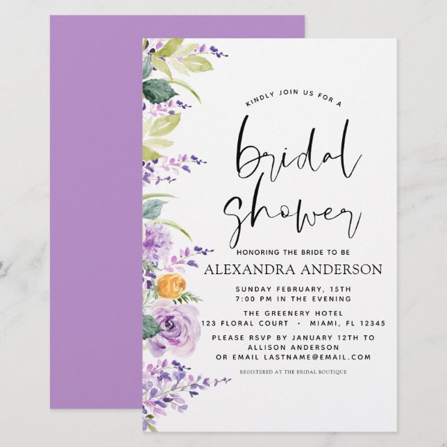 Budget Bridal Shower Purple Greenery Invitation (Front/Back)