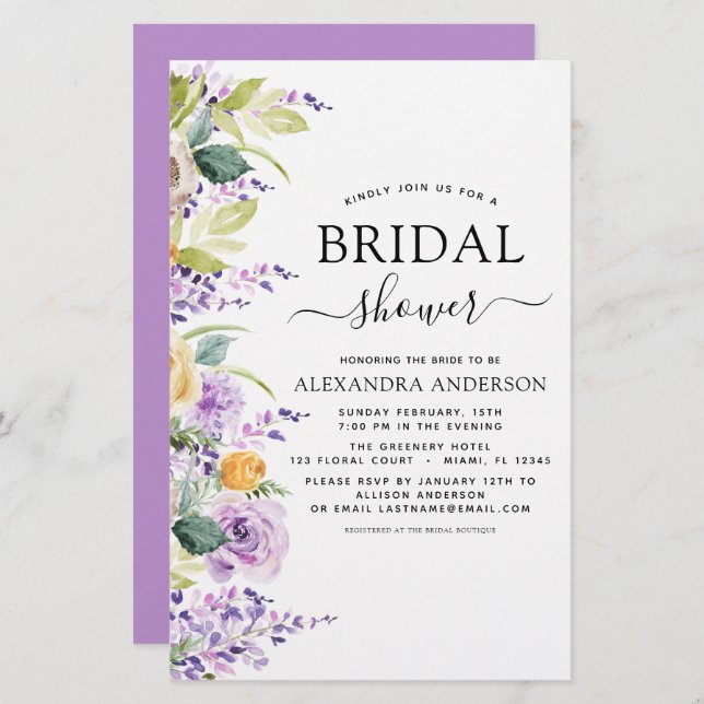 Budget Bridal Shower Purple Greenery Invitation (Front/Back)