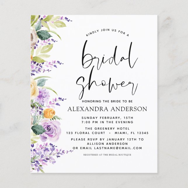 Budget Bridal Shower Purple Greenery Invitation Flyer (Front)