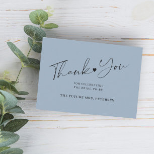 Budget bridal shower script dusty blue thank you card